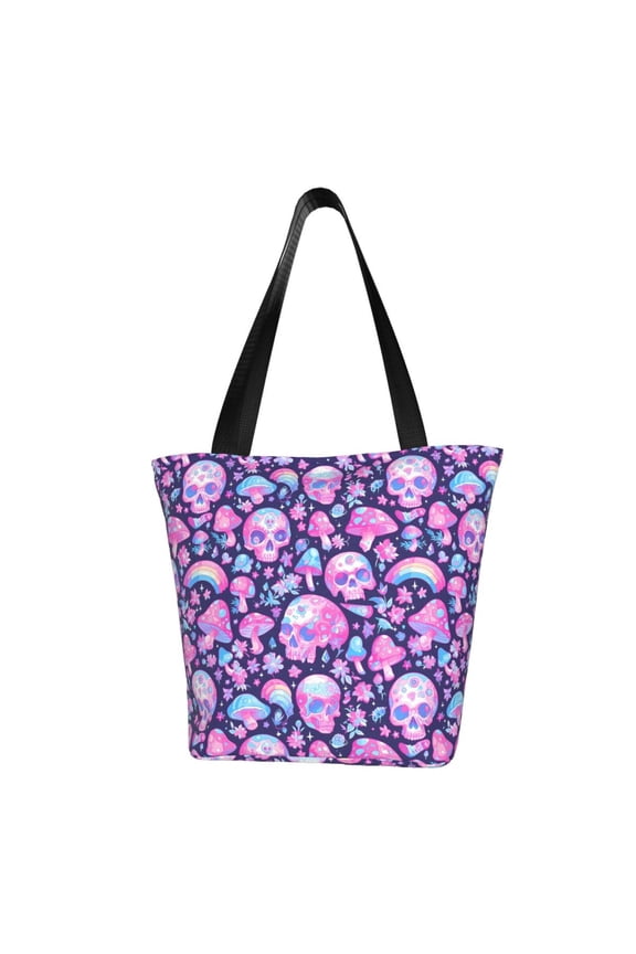 Skull Rainbow Mushroom Women Reusable Grocery Bags Foldable Ripstop,Reusable Shopping Bags for Shopping,Gym,Gift