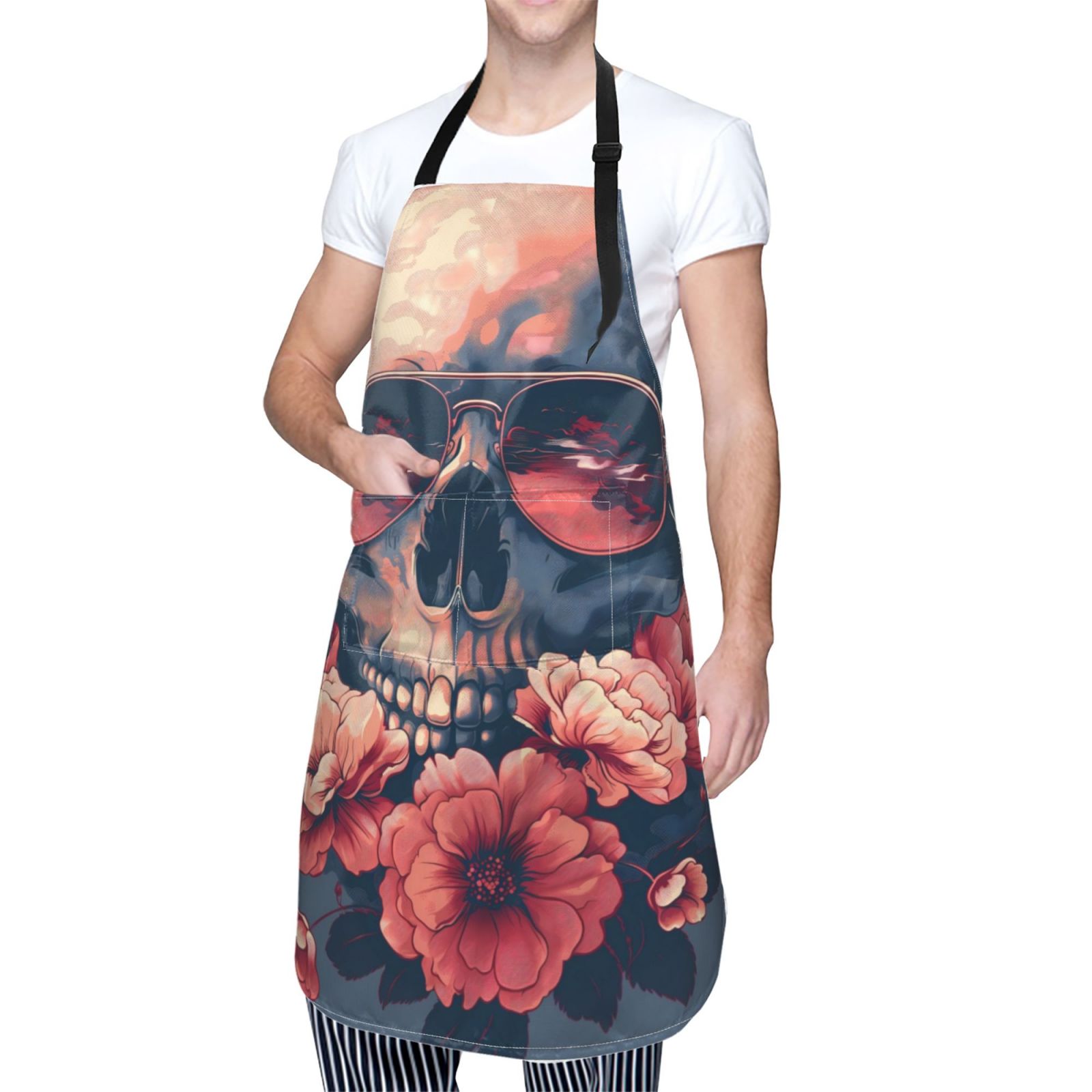 Kdxio Skull With Roses And Sunglasses Apron with Pockets Adjustable Kitchen Aprons for Men Women Waterproof Aprons for Cooking,Drawing,Crafting, Baking Household Cleaning