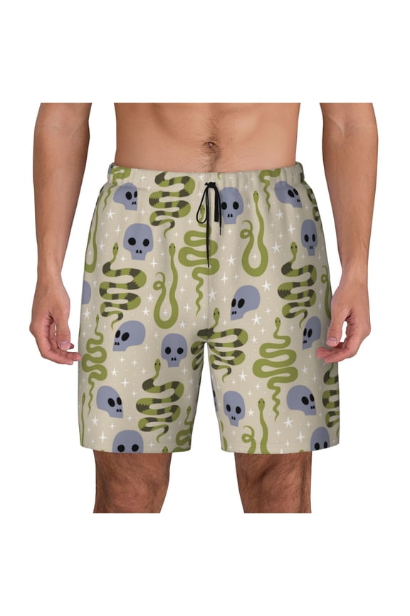 Skull Snake Print Men's Swim Trunks with Compression Liner 7 Inch Inseam Quick Dry Swim Shorts