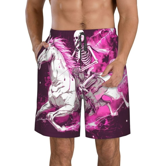 Kdxio Skull White Horse Pattern Mens Casual Shorts - Drawstring Summer Beach Sports Shorts for Men
