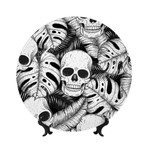 Kdxio Skull and palm leaves Bone China Decorative Plate Ceramic Decorative Plate for Home Office Wall Stand Decorative Plates for Home Bedroom-6in
