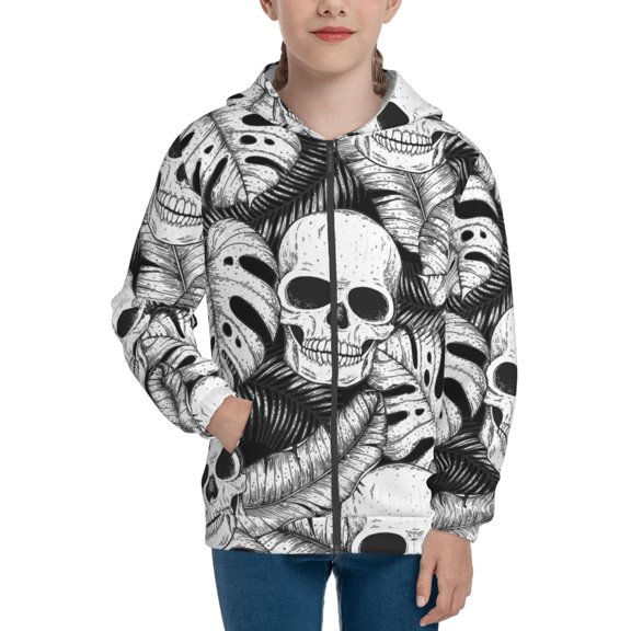Kdxio Skull and palm leaves Pattern Kids Boys Girls Zip Up Hoodie 3D Printed Hooded Sweatshirt Hoody Coat with Pocket 7-12 Y-Small