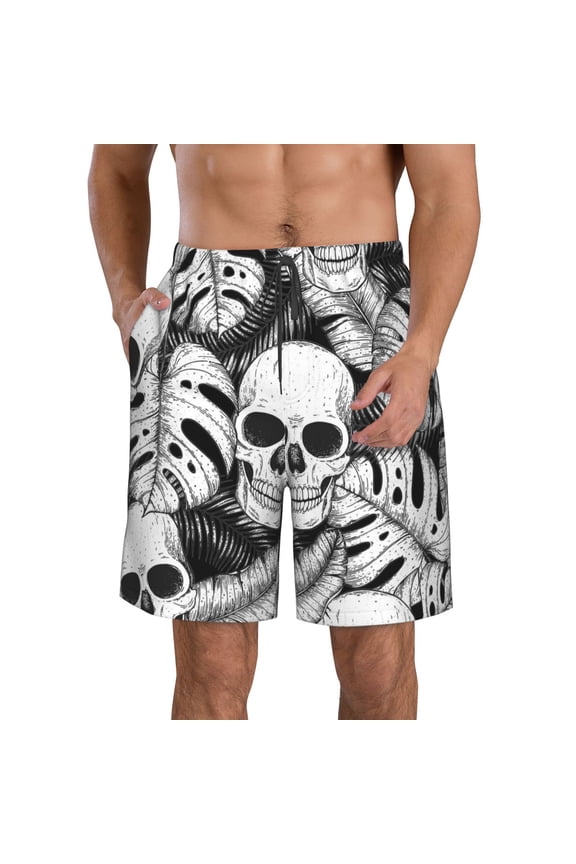 Skull and palm leaves Pattern Mens Casual Shorts - Drawstring Summer Beach Sports Shorts for Men