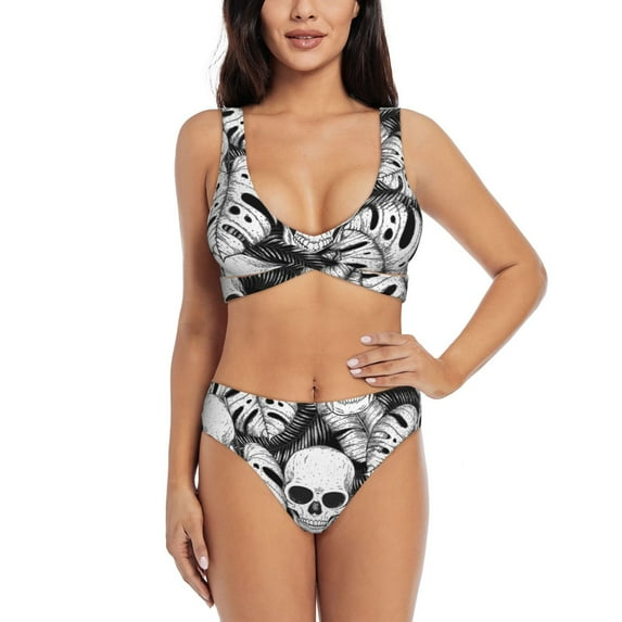 Kdxio Skull and palm leaves Print Women's 2 Piece High Waisted Wrap Spaghetti Strap Summer Swimsuit Bikini Set-XX-Large