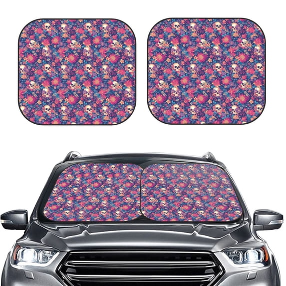 Kdxio Skull colorful flower daisy Print 2-Piece Sun Shade Front Windshield - Foldable Car Front Window Sunshades for Most Sedans SUV Truck