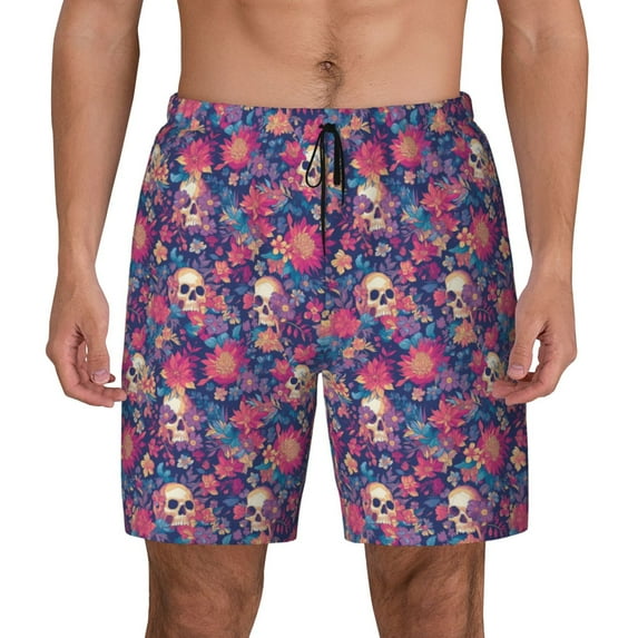 Kdxio Skull colorful flower daisy Print Men's Swim Trunks with Compression Liner 7 Inch Inseam Quick Dry Swim Shorts