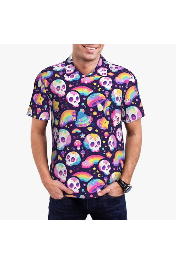 Skull colorful mushroom rainbow Print Men's Short Sleeve Polo Shirt,Midweight Men's Shirt