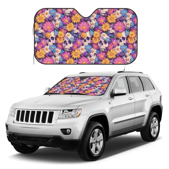 Kdxio Skull daisy flower Print Windshield Sun Shade, Foldable Sun Blocker for Car,Truck,SUV Automotive Interior Sun Protection,Reflective Shade for Front Windshield(Small)