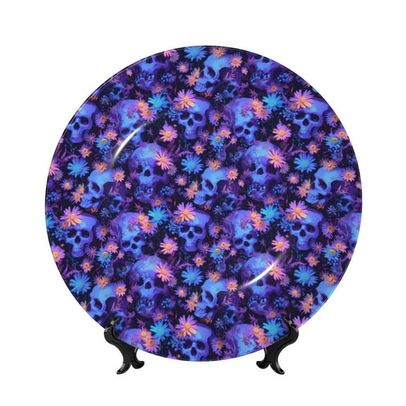 Kdxio Skull daisy purple Bone China Decorative Plate Ceramic Decorative Plate for Home Office Wall Stand Decorative Plates for Home Bedroom-6in