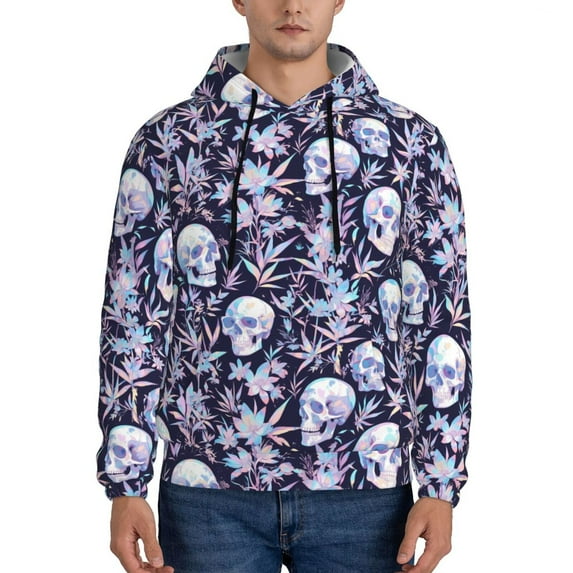 Kdxio Skull flower crystal Print Mens Casual Hooded Collar Drawstring Hoodies Pullover Sweatshirts Casual Long Sleeve Shirts-Medium