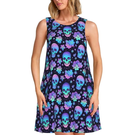 Kdxio Skull flower funny Pattern Summer Dresses for Women Beac Sleeveless Vintage Floral Flowy Pocket Tshirt Tank Sundresses