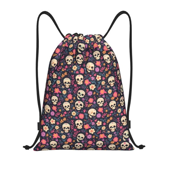 Kdxio Skull flower leaf colorful Print Drawstring Backpack Bag,Waterproof Draw String Back Sack, Gym Drawstring Bags Swim Bag For Unisex