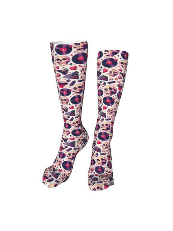 Skull lips record Guitar Funny Silky Novelty Funky Long Knee High Socks Soft 3D Print Cosplay Crazy Stockings for Men Women