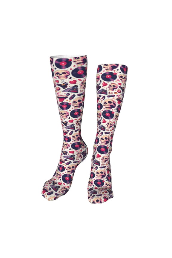 Skull lips record Guitar Funny Silky Novelty Funky Long Knee High Socks Soft 3D Print Cosplay Crazy Stockings for Men Women