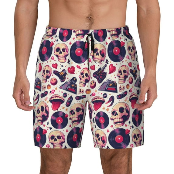 Kdxio Skull lips record Guitar Print Men's Swim Trunks with Compression Liner 7 Inch Inseam Quick Dry Swim Shorts