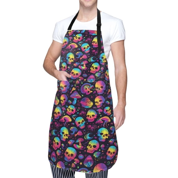 Kdxio Skull mushroom rainbow color Apron with Pockets Adjustable Kitchen Aprons for Men Women Waterproof Aprons for Cooking,Drawing,Crafting, Baking Household Cleaning