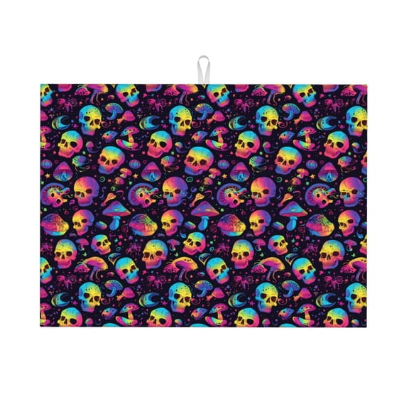 Kdxio Skull mushroom rainbow color for Dish Drying Mat,24*18 inch Absorbent Dish Drainer Kitchen Counter,Large Size Dish Drying Pad for Countertops,Draining Racks