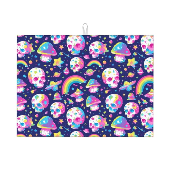 Kdxio Skull mushroom rainbow space for Dish Drying Mat,24*18 inch Absorbent Dish Drainer Kitchen Counter,Large Size Dish Drying Pad for Countertops,Draining Racks