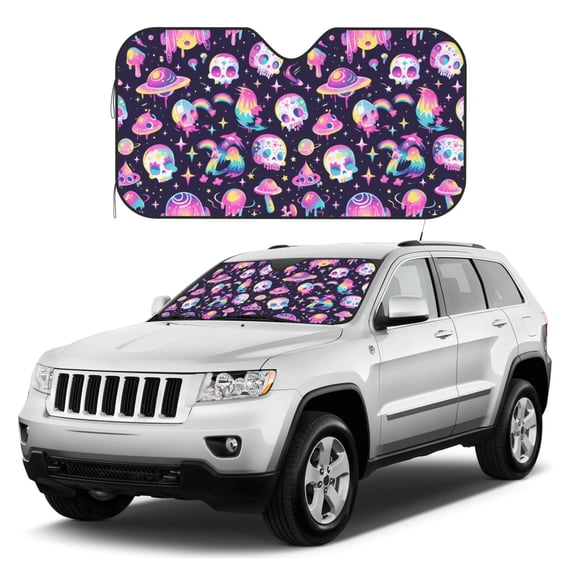 Kdxio Skull mushroom space Print Windshield Sun Shade, Foldable Sun Blocker for Car,Truck,SUV Automotive Interior Sun Protection,Reflective Shade for Front Windshield(Medium)