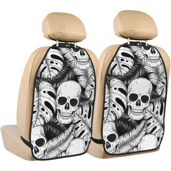 Kdxio Skull and palm leaves Print 2 Pack Car Kick Mat Seat Cover Back Protector Mat with Pockets for Organizer Backseat Protector and Storage Anti Kick Pad for Vehicles
