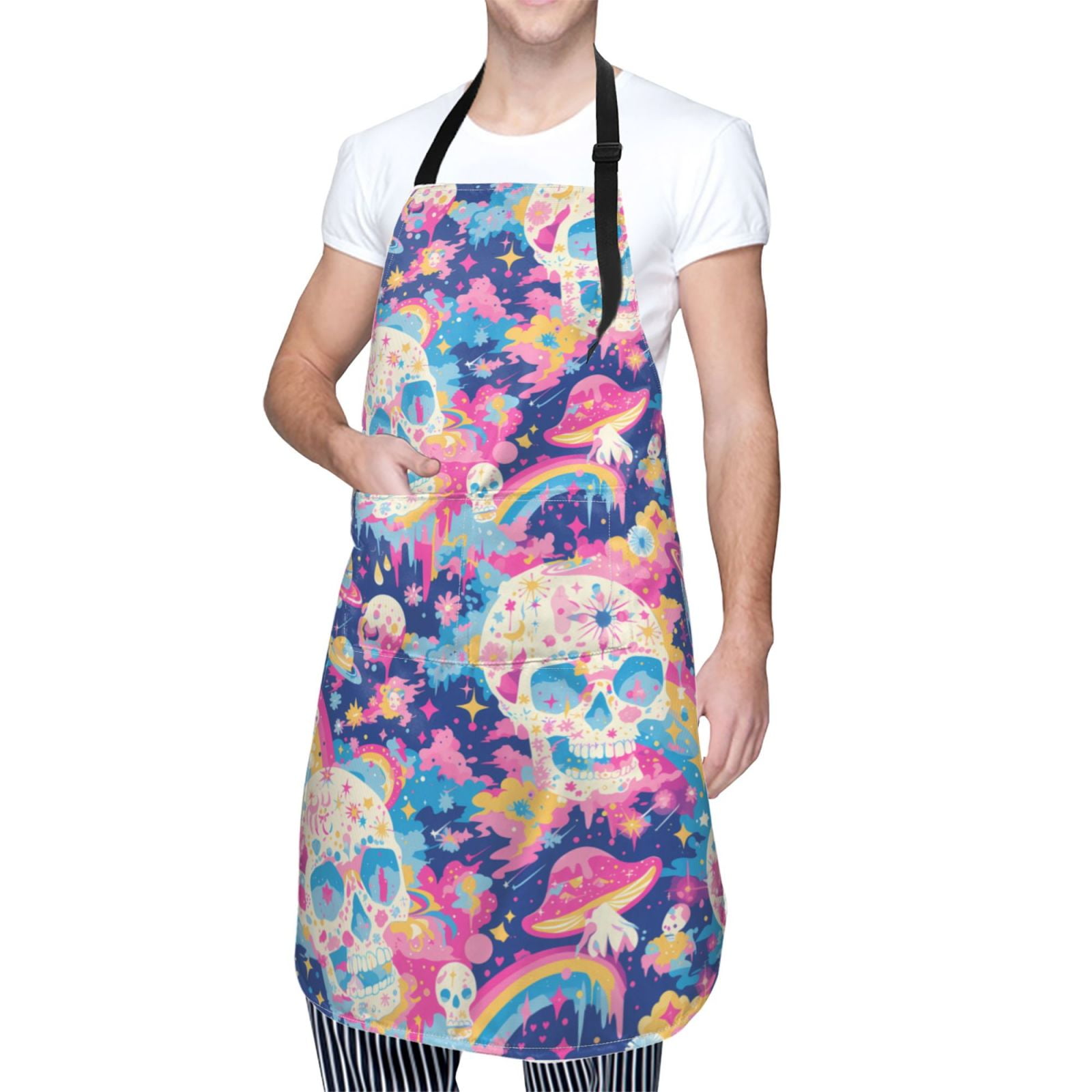Kdxio Skull rainbow color space Apron with Pockets Adjustable Kitchen Aprons for Men Women Waterproof Aprons for Cooking,Drawing,Crafting, Baking Household Cleaning