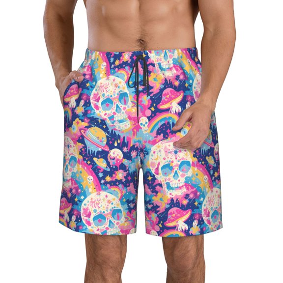Kdxio Skull rainbow color space Pattern Mens Casual Shorts - Drawstring Summer Beach Sports Shorts for Men