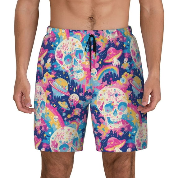 Kdxio Skull rainbow color space Print Men's Swim Trunks with Compression Liner 7 Inch Inseam Quick Dry Swim Shorts