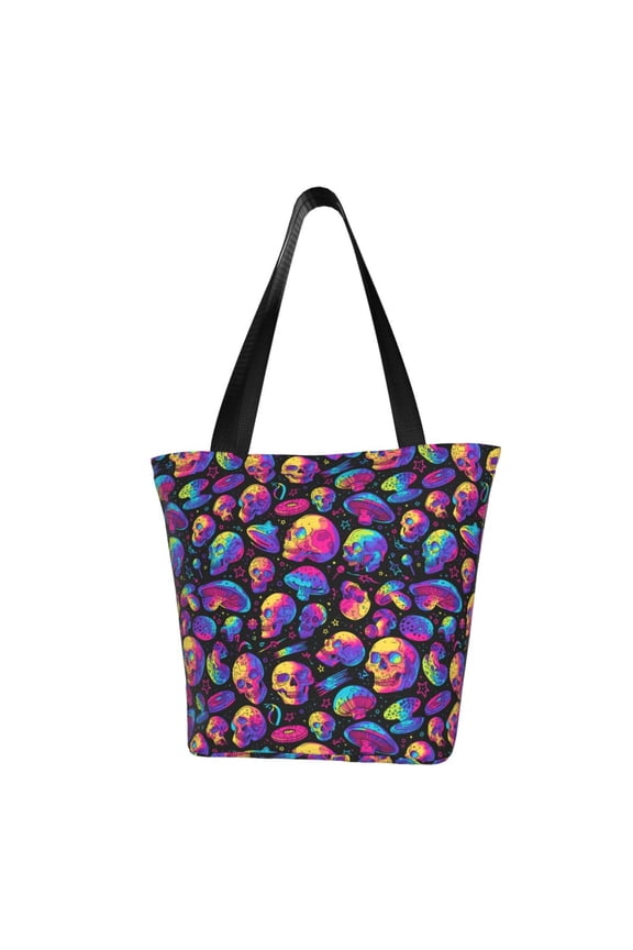 Skull rainbow star mushroom Women Reusable Grocery Bags Foldable Ripstop,Reusable Shopping Bags for Shopping,Gym,Gift