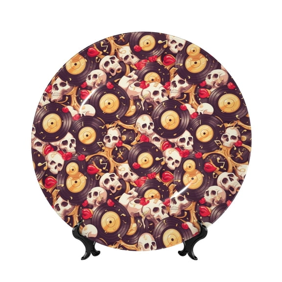 Kdxio Skull record lips Bone China Decorative Plate Ceramic Decorative Plate for Home Office Wall Stand Decorative Plates for Home Bedroom-10in