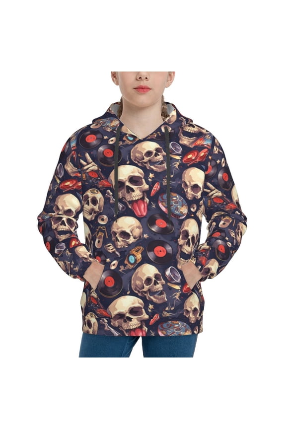 Skull record rock Pattern Boys Athletic Unisex Boys Girls Hoodie with Pocket Sweatshirts-Medium