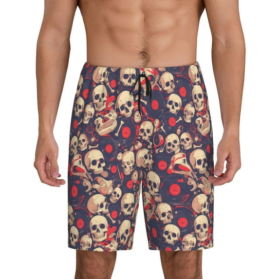 Kdxio Skull rock music record Print Mens Sleep Shorts Bottoms Soft Comfy Pajama Wear Pants with Drawstring Pockets