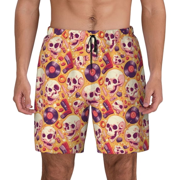 Kdxio Skull rock record Print Men's Swim Trunks with Compression Liner 7 Inch Inseam Quick Dry Swim Shorts