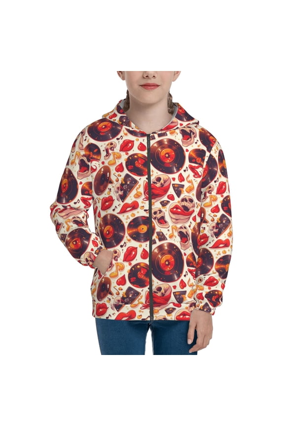 Skull rock record music heart Pattern Kids Boys Girls Zip Up Hoodie 3D Printed Hooded Sweatshirt Hoody Coat with Pocket 7-12 Y-Medium