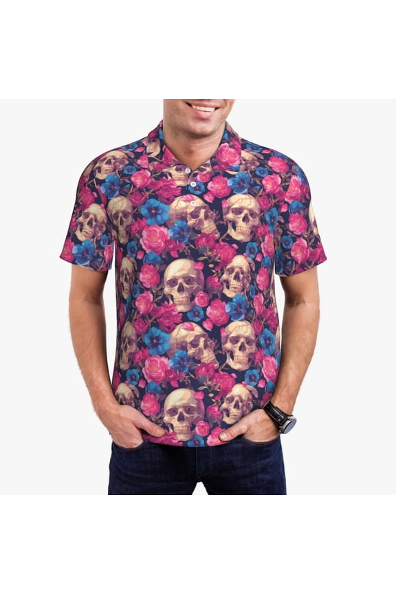 Skull rose blue flower Print Men's Short Sleeve Polo Shirt,Midweight Men's Shirt