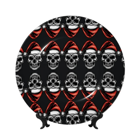 Kdxio Skull santa hat Bone China Decorative Plate Ceramic Decorative Plate for Home Office Wall Stand Decorative Plates for Home Bedroom-6in