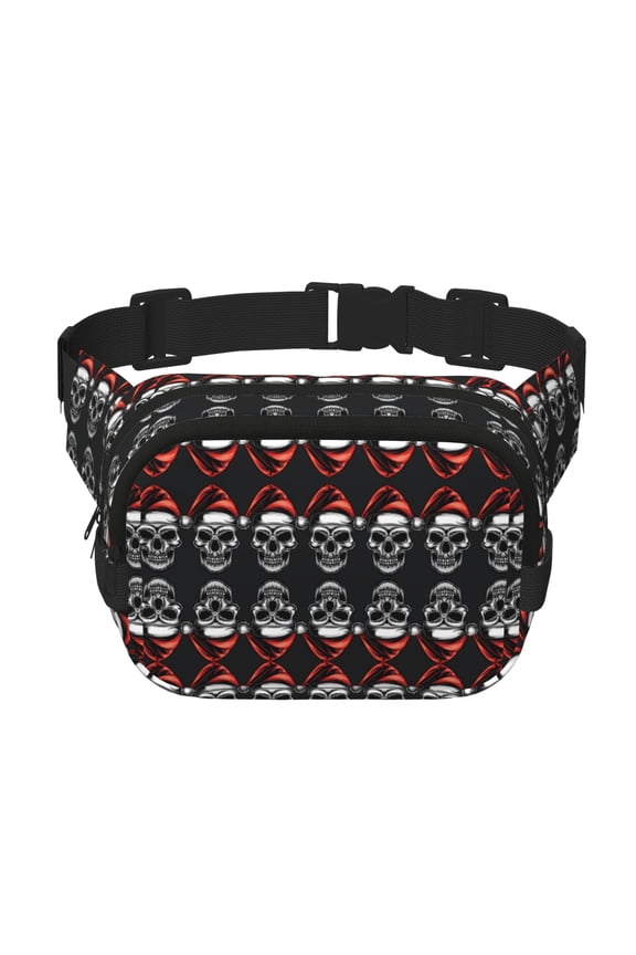 Skull santa hat Crossbody Double Layer Waist Bag Belt Bag for Unisex Fanny Pack Fashion Waist Packs for Hiking Running Shopping Traveling