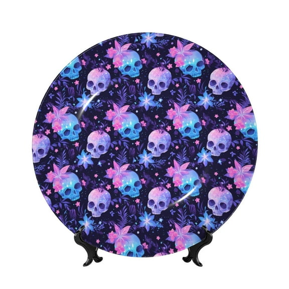 Kdxio Skull starry sky flower leaf Bone China Decorative Plate Ceramic Decorative Plate for Home Office Wall Stand Decorative Plates for Home Bedroom-8in