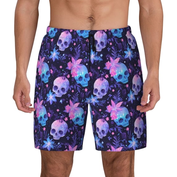 Kdxio Skull starry sky flower leaf Print Men's Swim Trunks with Compression Liner 7 Inch Inseam Quick Dry Swim Shorts