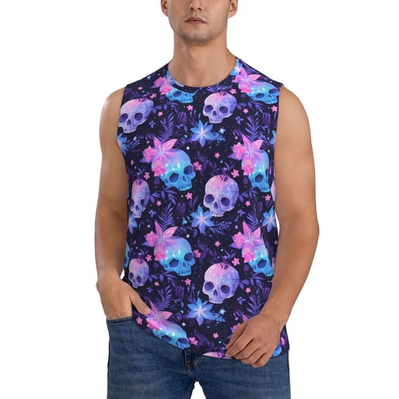 Kdxio Skull starry sky flower leaf for Men's Muscle T-shirt,Sleeveless for Workout Running Athletic Gym Lounge Casual