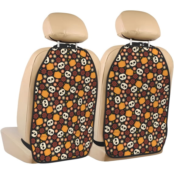 Kdxio Skulls Print 2 Pack Car Kick Mat Seat Cover Back Protector Mat with Pockets for Organizer Backseat Protector and Storage Anti Kick Pad for Vehicles