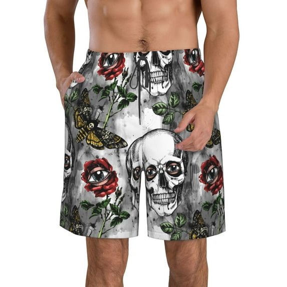 Kdxio Skulls Roses Pattern Mens Casual Shorts - Drawstring Summer Beach Sports Shorts for Men
