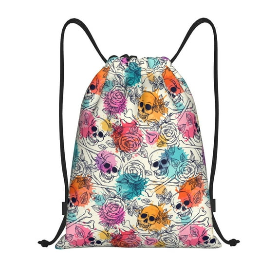 Kdxio Skulls and Roses Print Drawstring Backpack Bag,Waterproof Draw String Back Sack, Gym Drawstring Bags Swim Bag For Unisex