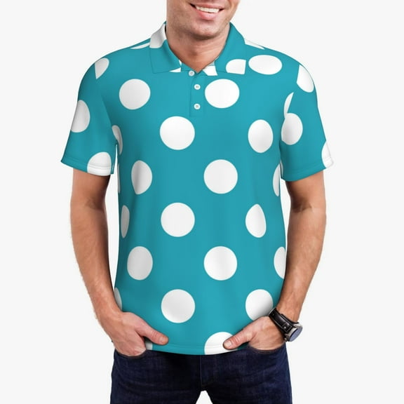 Kdxio Sky Blue And White Polka Dot Print Men's Short Sleeve Polo Shirt,Midweight Men's Shirt-Medium