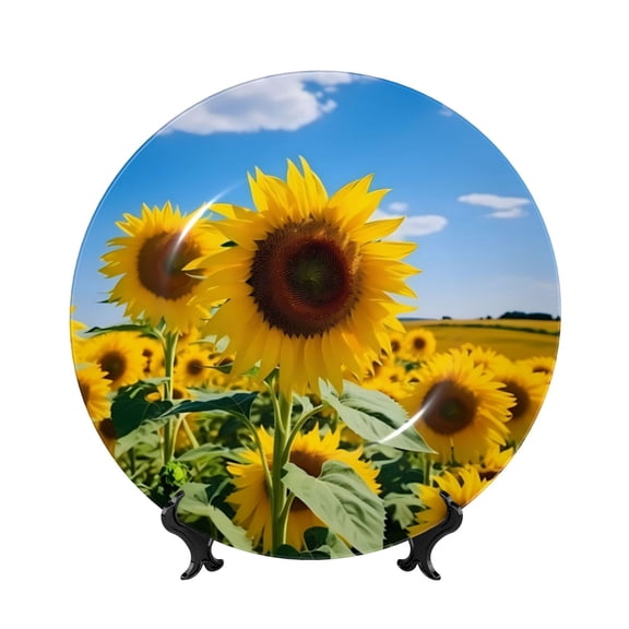 Kdxio Sky Golden Sunflower Field B Bone China Decorative Plate Ceramic Decorative Plate for Home Office Wall Stand Decorative Plates for Home Bedroom-7in