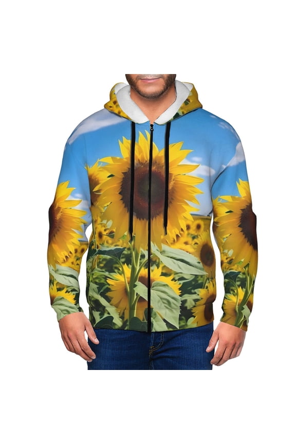 Sky Golden Sunflower Field B Print Men Hoodies Casual Hoodies for Men with Zip Pockets Full Zip Long Sleeve Sweatshirt Sports Hooded Jacket-XX-Large
