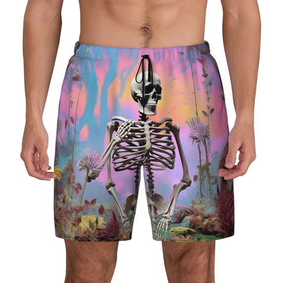Kdxio Sky Sunflower Skull Print Men's Swim Trunks with Compression Liner 7 Inch Inseam Quick Dry Swim Shorts