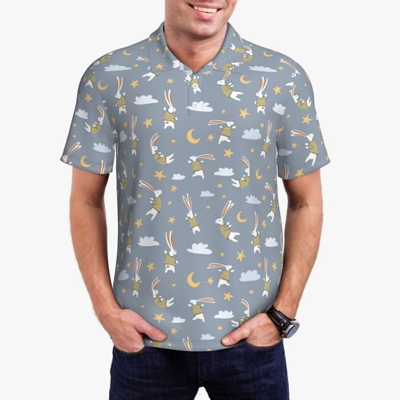 Kdxio Sleep Rabbit Print Men's Short Sleeve Polo Shirt,Midweight Men's Shirt