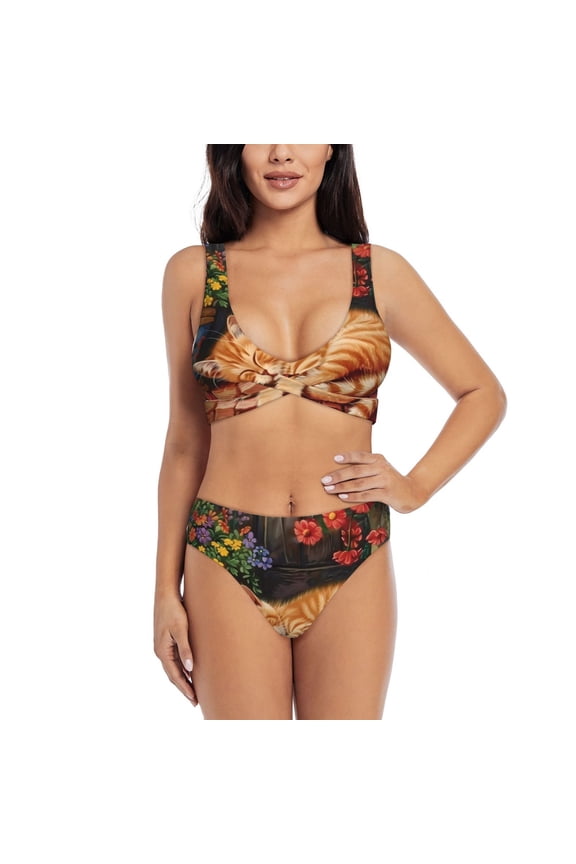 Sleeping Cat Flowers Print Women's 2 Piece High Waisted Wrap Spaghetti Strap Summer Swimsuit Bikini Set-Large