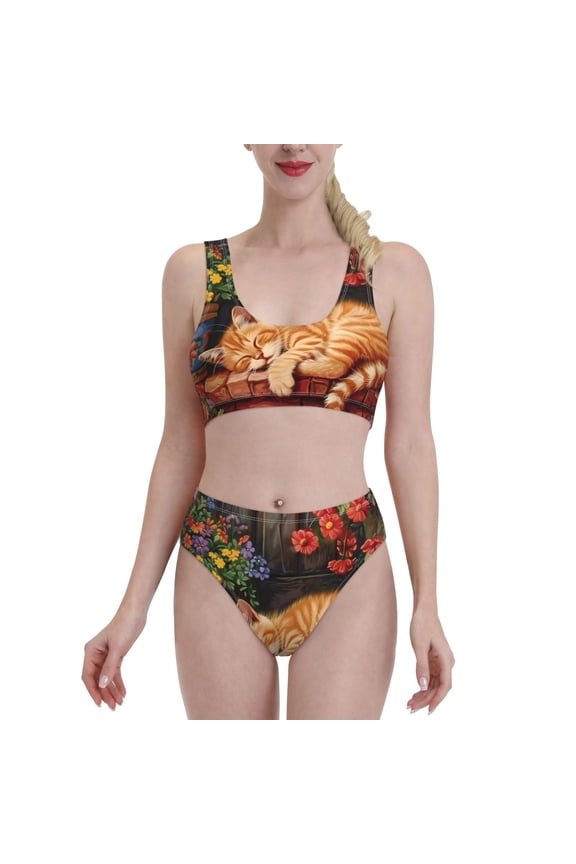 Sleeping Cat Flowers for Womens High Waisted Bikini Top Sports Style Two Piece Bathing Suits