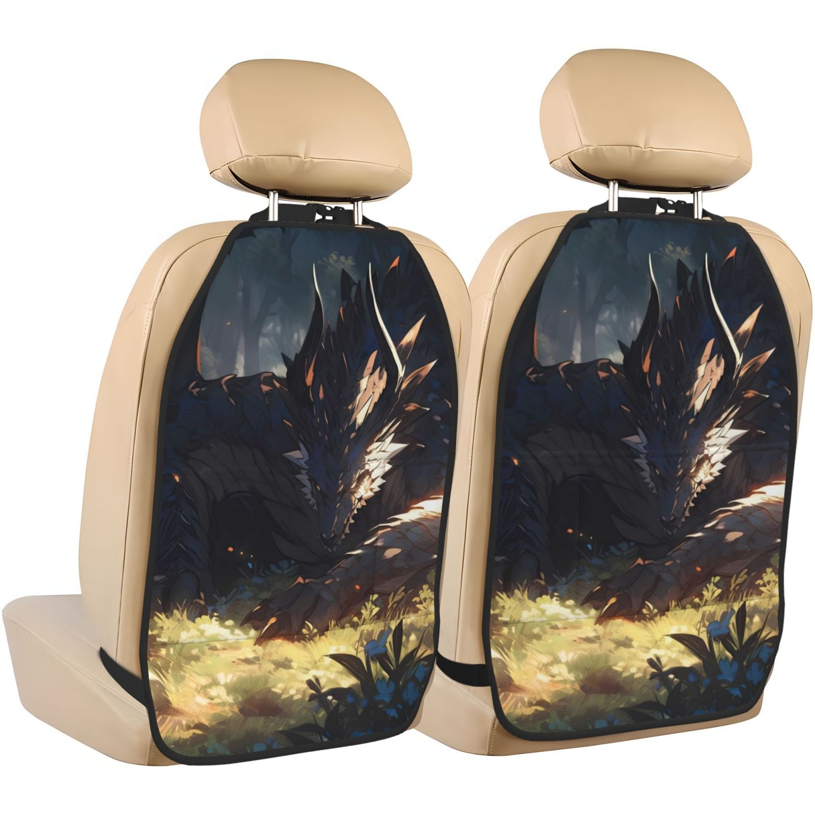 Kdxio Sleeping Dragon In Forest Print 2 Pack Car Kick Mat Seat Cover Back Protector Mat with Pockets for Organizer Backseat Protector and Storage Anti Kick Pad for Vehicles